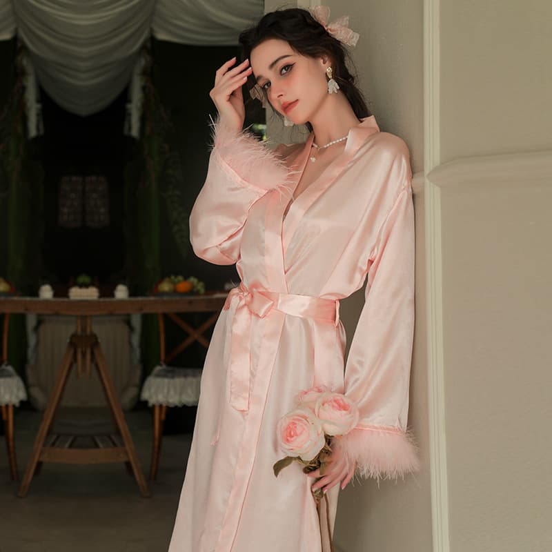 Cross-border European and American Bride Morning Robe Women's Feather Long Robe Wedding Makeup Bridesmaid Group Wedding Kimono Satin Bathrobe