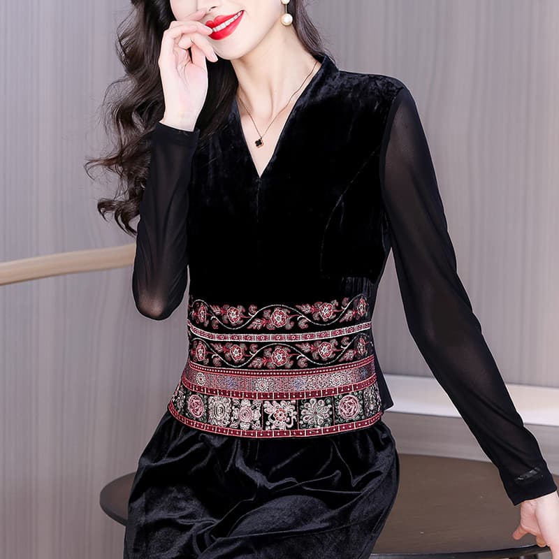 Middle-Aged Mother Ethnic Style Velvet Base Layer Autumn New Style Fashion Embroidered Mesh Long-Sleeve Top