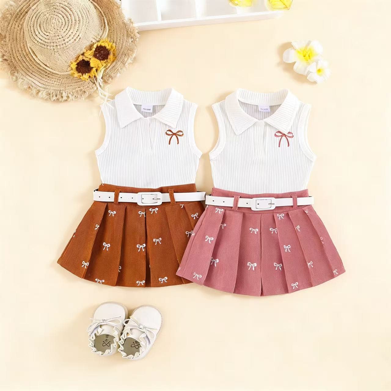 25 Europe and America Summer Hot Sale New Girls' Set Toddler Lapel Sleeveless Vest + Printed Pleated Skirt + Belt