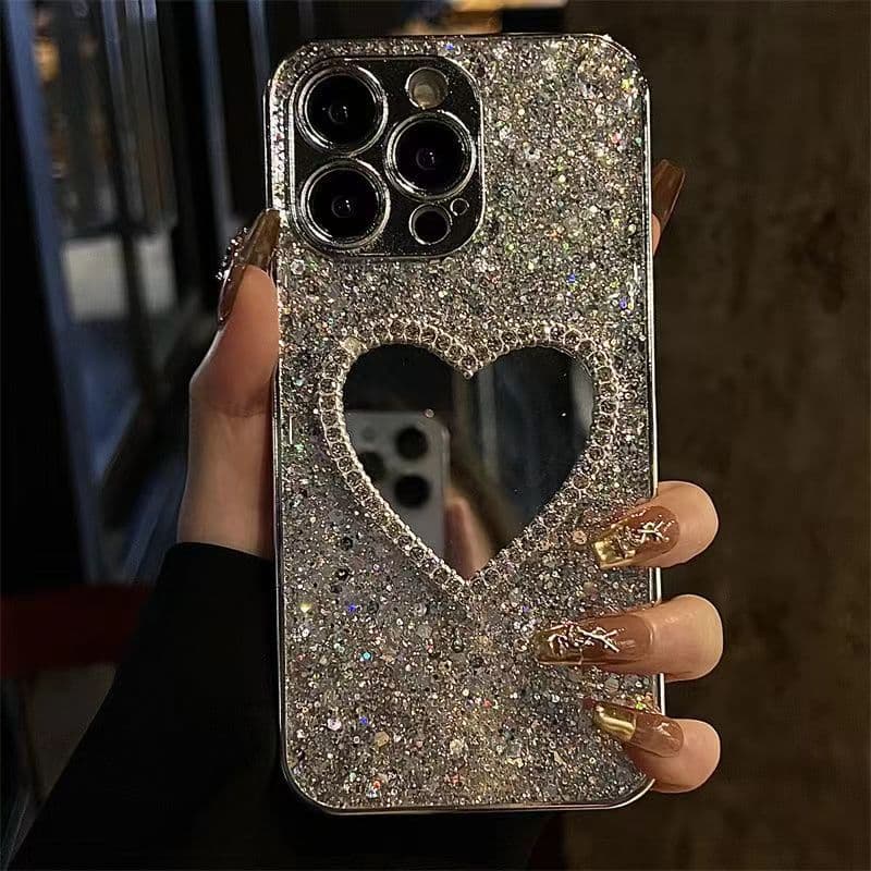 Touch-up Mirror Compatible with Apple 17 Pro Phone Case, Resin Glitter Heart Stardust iPhone 15 Protective Cover 13
