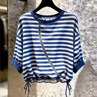2026 Summer Korean Striped Women's Short Sleeve T-Shirt Loose Drawstring Casual Versatile Blue White Striped Plus Size Top