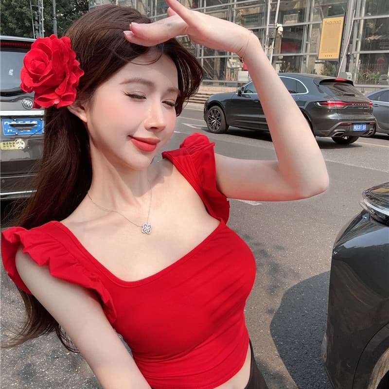 【260g Rayon Modal】Burgundy Square Neck Butterfly Sleeve 2024 Summer New French Hot Girl Women's