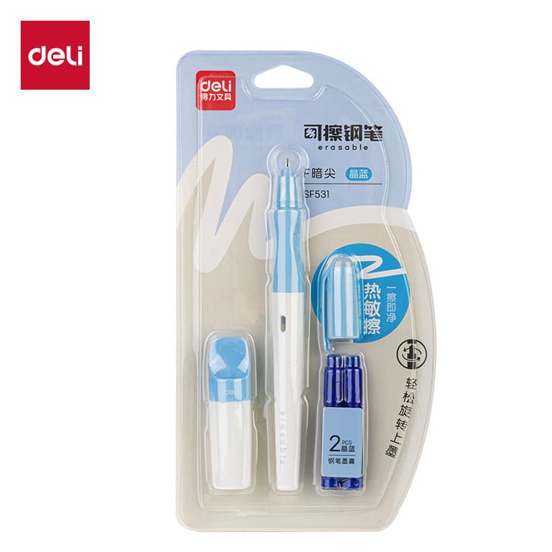 Deli SF531 Thermal Erasable Student Fountain Pen, Fine Nib, 3.4mm Diameter, Ink Cartridge Pen for Elementary School Practice, Crystal Blue