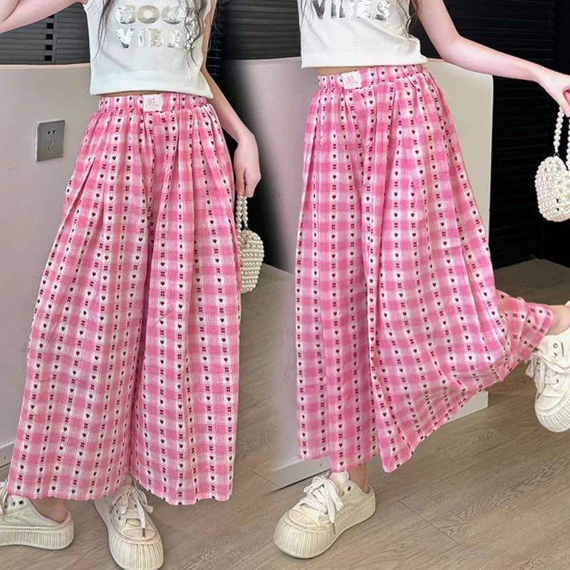 Girls' Skirt Pants Summer 2026 New Children's Capri Wide Leg Pants Girls Older Kids Dopamine Heart Print Thin Pants