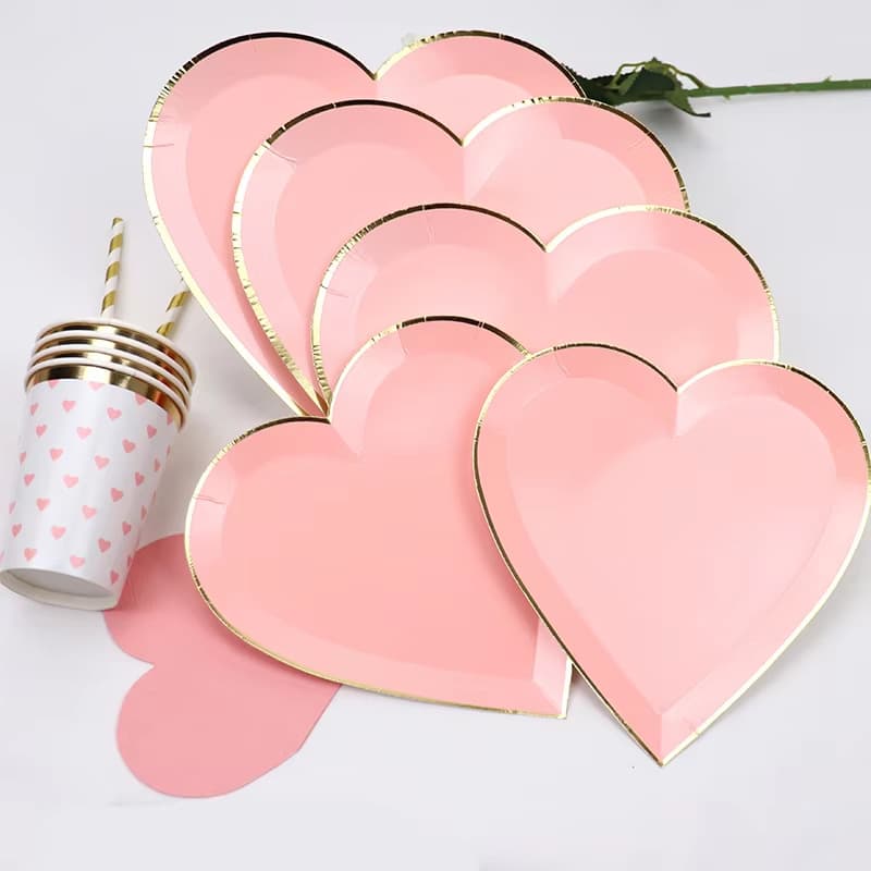 Pink Heart-Shaped Paper Plate Disposable Tableware Set, Valentine's Day Theme Cake Plates, Dessert Plates, Party Decoration