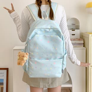 Yunxi Light Blue Star Print Elementary School Student Backpack for Girls Simple Versatile High School Fashionable Backpack