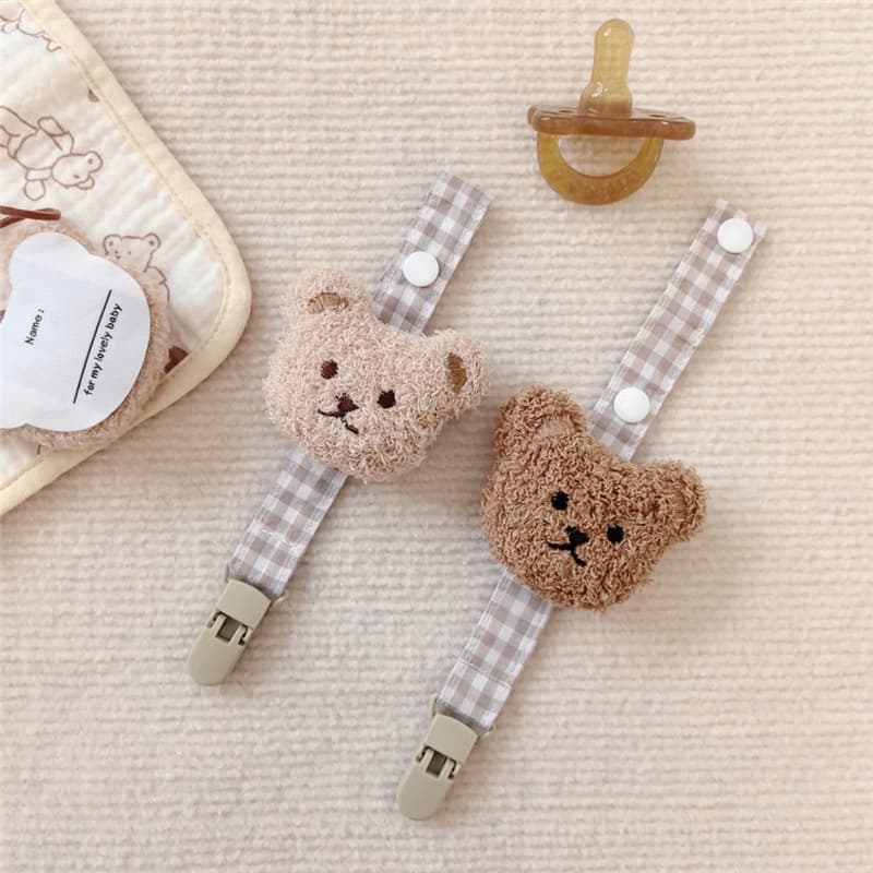 Ins Style Cute 3D Bear Head Plaid Baby Pacifier Chain Anti-Drop Rope Anti-Lost Rope Baby Feeding Supplies
