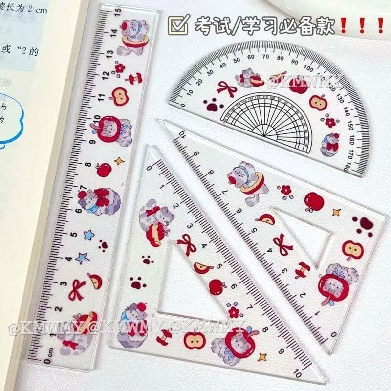 The best-selling cartoon ruler set for the school year, student stationery ruler, four-piece set, acrylic learning set ruler, drop-resistant long ruler