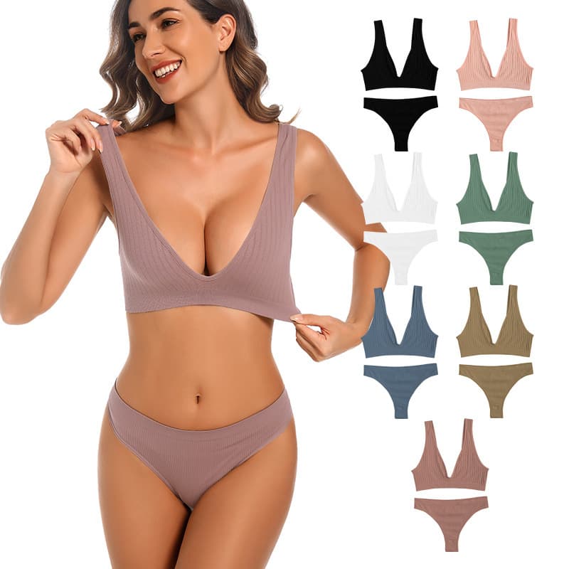 Cross-border Hot Selling Wire-Free Push-Up Bra Women's Shockproof Sports Bra Deep U-Back Sexy Back Shapewear Panty Set