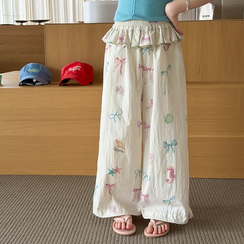 Aimo Beibei Girls Summer Stylish Lightweight Pants Kids Casual Colorful Bow Full Print Back Flap Straight Leg Pants
