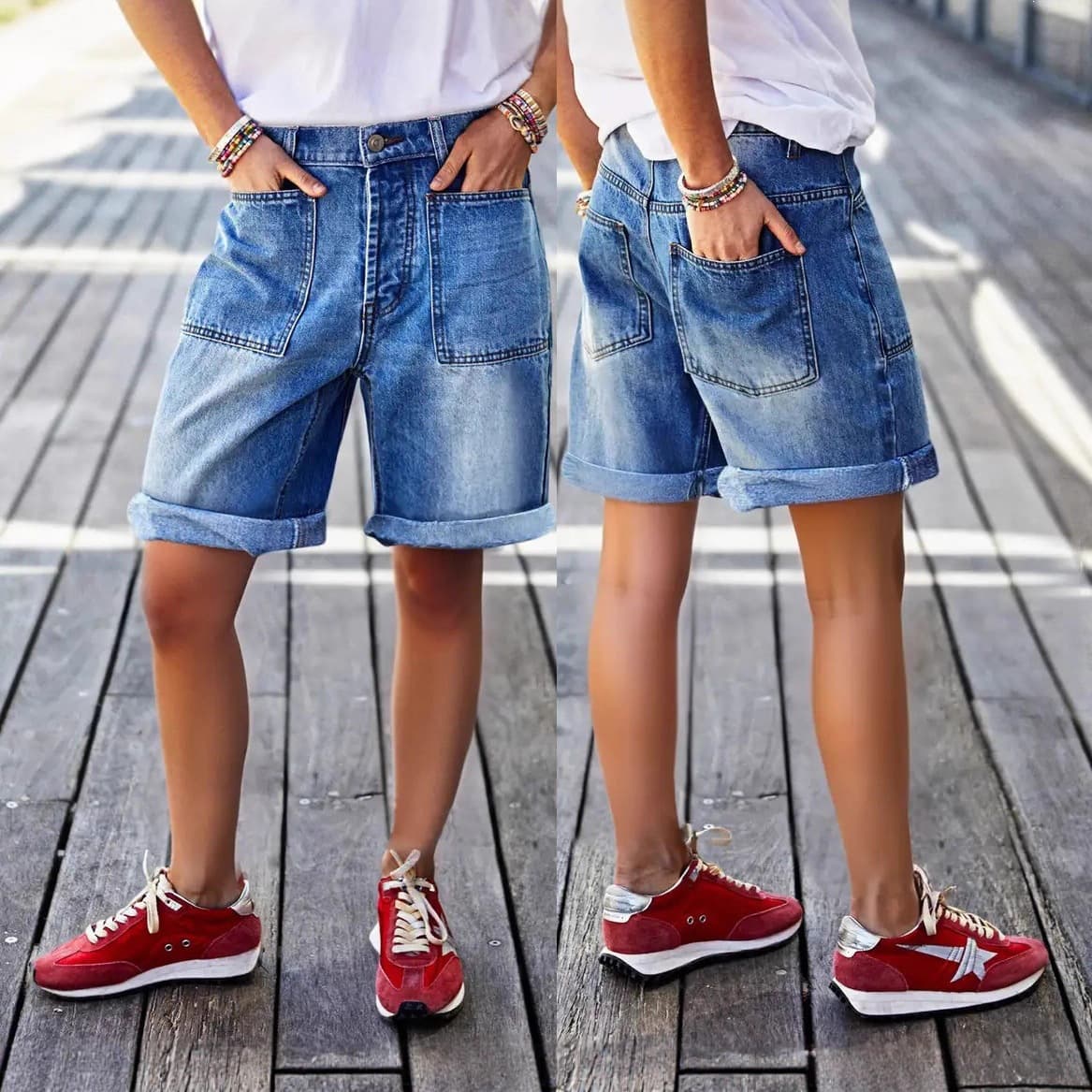Cross-border European and American plus-size washed distressed rolled-up patch pocket mid-rise Bermuda straight leg stretch denim shorts