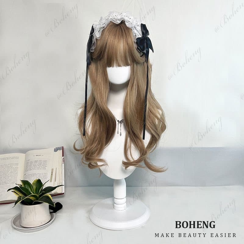 Wig female long hair milk tea champagne color large wavy long curly hair natural simulation round face daily temperament full head
