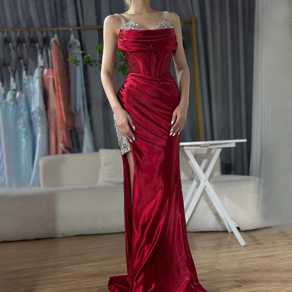 SERENE HILL blue satin suspender slim art solo banquet host evening dress LA72776
