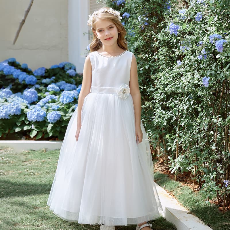 Girl's Large Bow Backless Evening Dress Little Girl Tulle Skirt Princess Dress Host Wedding Flower Girl Long Dress