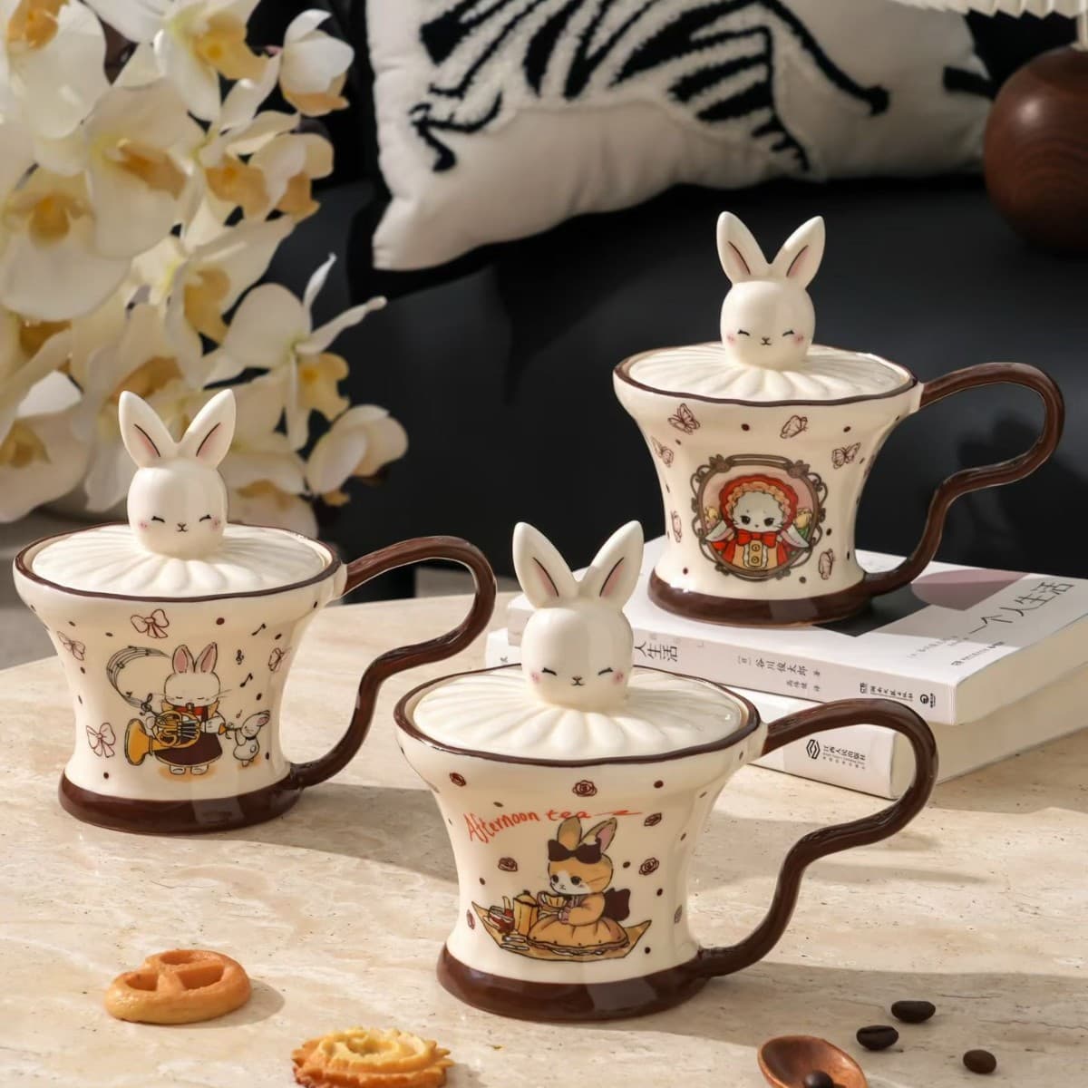 High-Appearance Cartoon Ceramic Cup with Lid Alice Rabbit Silhouette Mug Office Coffee Cup Gift Water Cup