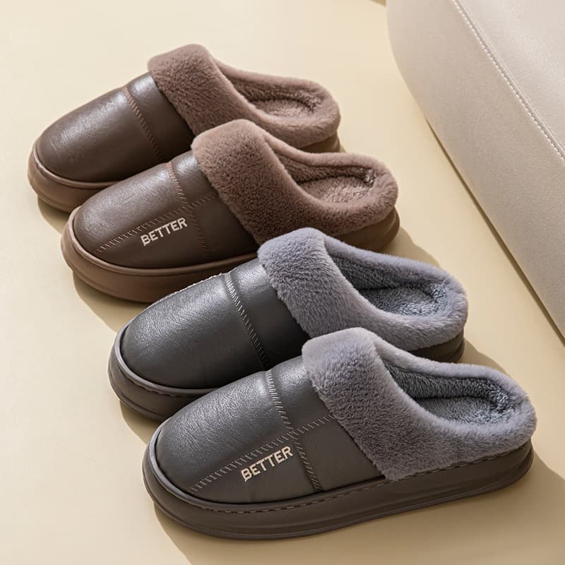 Autumn/Winter Extra Large Size Cotton Slippers Men PU Leather Slippers Waterproof Thick Sole Home Indoor Anti-Slip Warmth Shoes 49-50