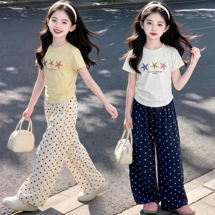 Girls Summer Starfish Suit 2026 Girls Wide Leg Straight Polka Dot Pants Huzhou Zhili Children's Clothing One Piece Dropshipping