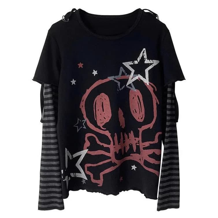 Yabi Punk Millennium Print Long Sleeve Fake Two-piece T-Shirt y2k Harajuku Rock Loose Casual Hot Girl Top Women's Trendy