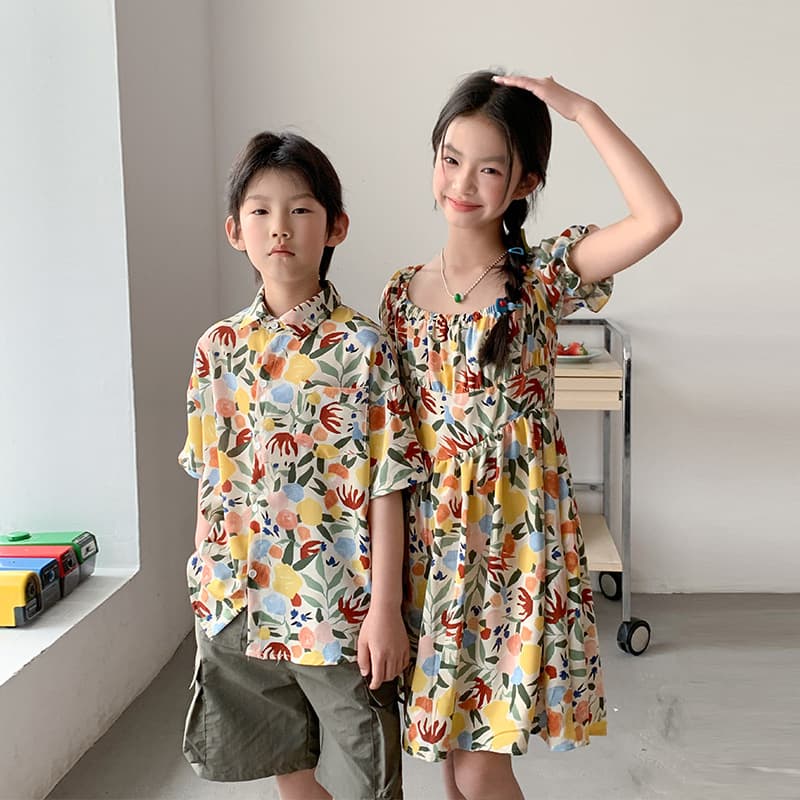 Girls Summer Dress 2026 New Sibling Set Shirt and Skirt Set Premium Floral Print Dress