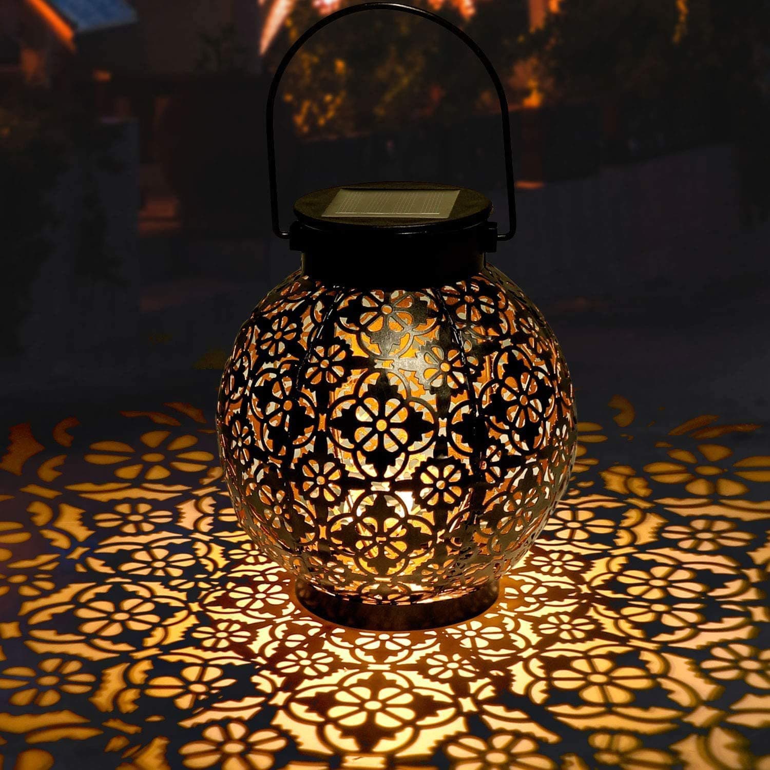 In Stock Iron Solar Hollow Lantern Solar Epiphyllum Peony Projection Light Cross Grid Hollow Lantern
