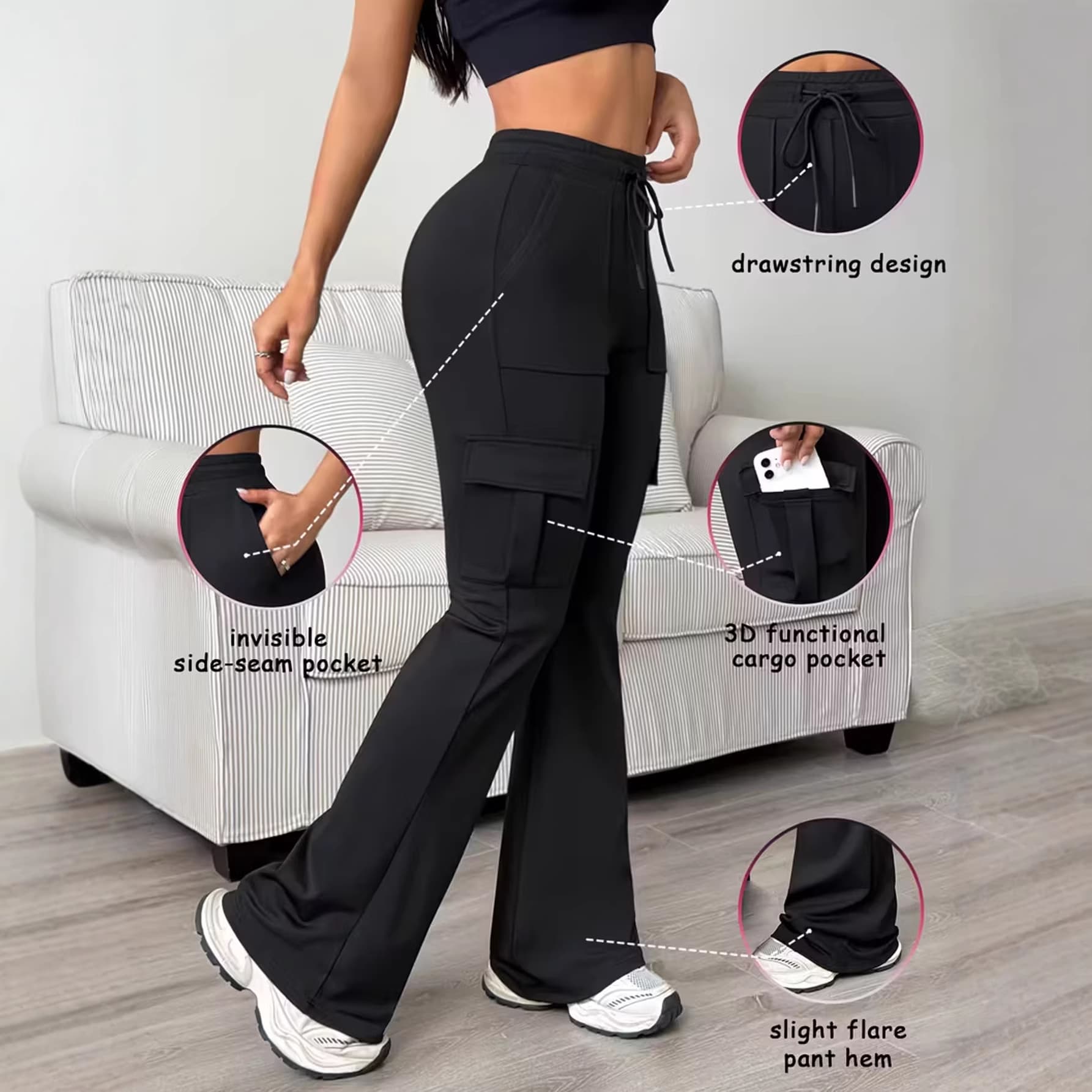 European-American Style High-Waist Drawstring Flared Pants Cargo Pants Wide-Leg Pants Healthy Fabric Women's Long Pants Comfortable Casual