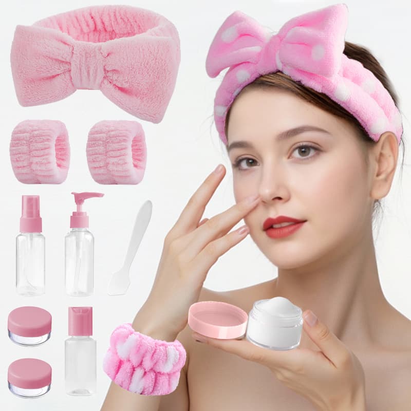 Cross-Border Travel Cosmetic Bottles 9-Piece Set with Face Washing Headband, Wristbands, Spray and Lotion Pump Empty Bottles