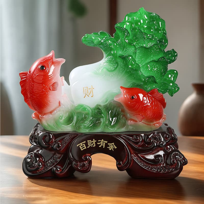Chinese Style Jade Cabbage Ornament "Abundant Wealth" with Lucky Fish, Creative Home Decor for Living Room TV Cabinet
