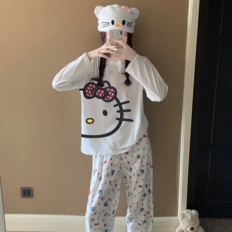 Hello Kitty Cotton Pajamas for Women Spring Summer Autumn Long Sleeve Cute Student Girl Round Neck Loungewear Set