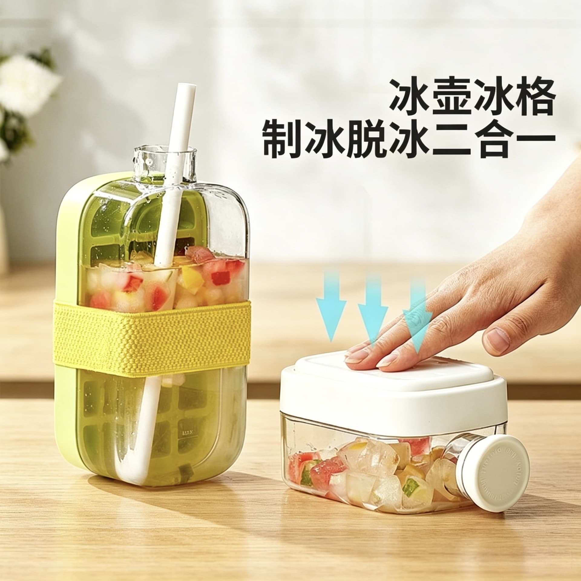 Cross-Border Ice Cube Water Bottle 2-in-1 Press Water Dispenser Ice Bucket Ice Maker High Appearance Portable Ice Mold