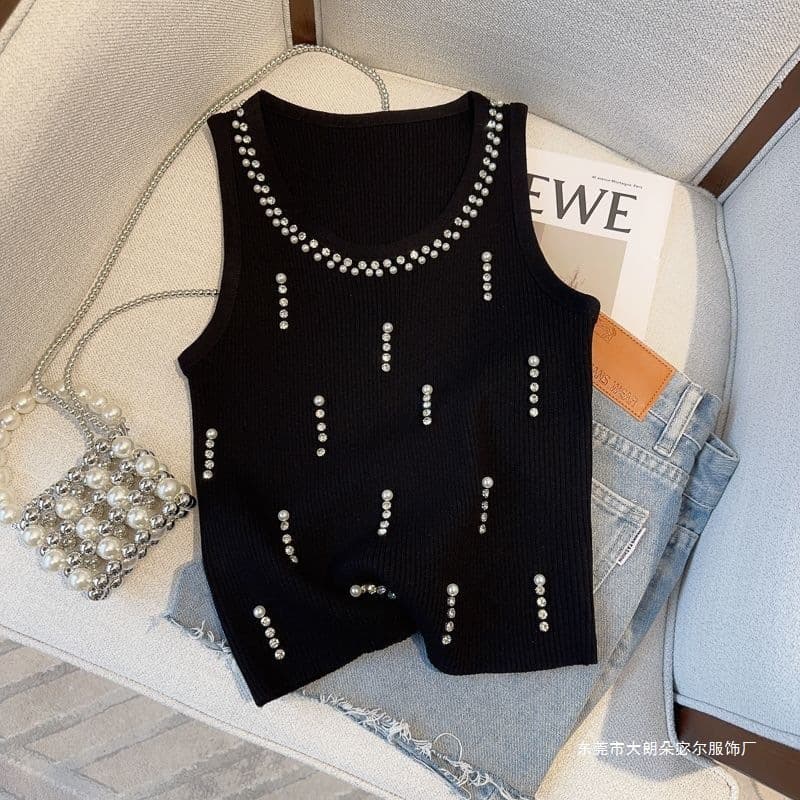 Chanel-style Beaded Camisole Top Summer 2025 New Light Luxury Fashion Knitted Slim Fit Sleeveless Vest for Women