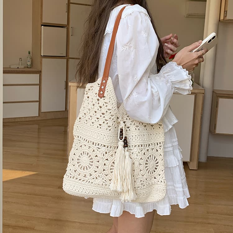 Large-Capacity Single-Shoulder Cotton Woven Bag for Women 2026 New Style Hollow Mesh Tote Bag Seaside Vacation Beach Bag