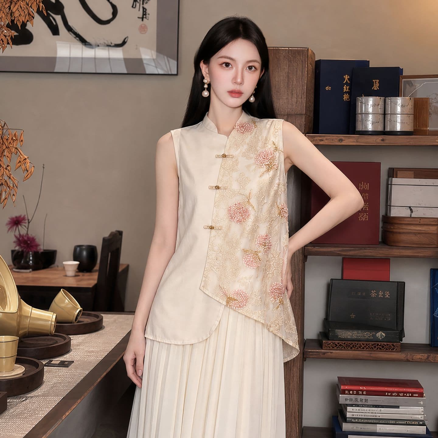 New Chinese style irregular slanted lapel vest for women heavy industry beaded embroidery lace sleeveless buttoned national style top P7155