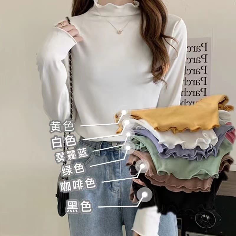Cat Diary Autumn/Winter New Arrival Solid Color Semi-High Neck Dralon Base Layer Ruffle Design Versatile Warm Clothing Women