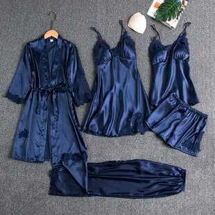 Women's Pajamas Spring Autumn Summer Five-Piece Set Women's Silk-Like Pajamas Sexy Plus Size Cross-Border Bathrobe