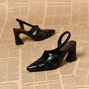 Pointed-Toe Backless Sandals for Women Summer Chunky Heel Cutout Elegant Work Heels Women's Genuine Leather Leather Shoes Summer