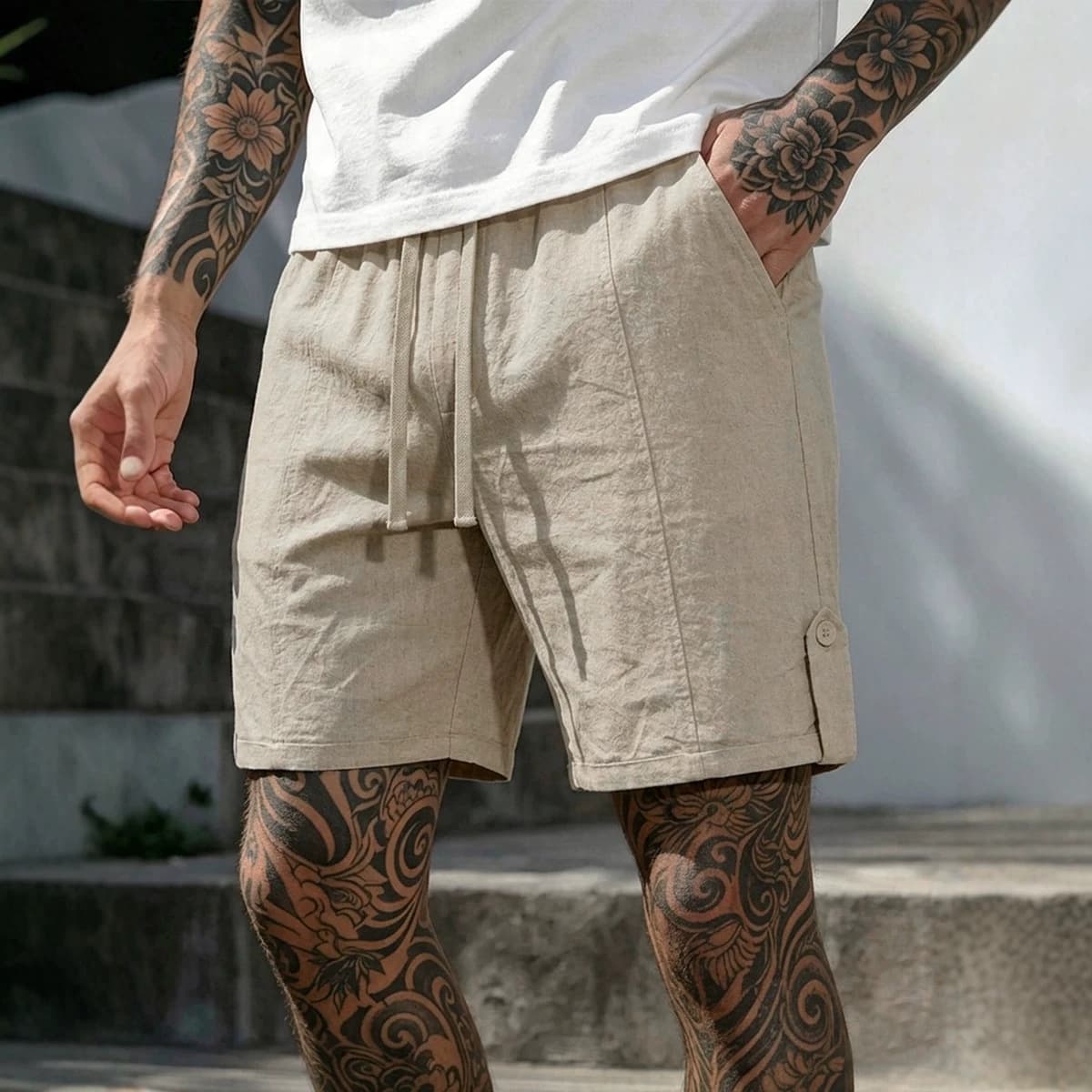 Shorts men's summer cool linen shorts decorative buckle design trendy beach shorts shopping casual shorts for men