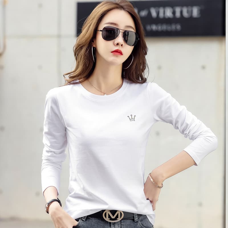 304 Autumn/Winter Solid Color Embroidered Crown Base Layer Cotton Ins Women's T-Shirt Influencer Slimming Long Sleeve Commute Slimming