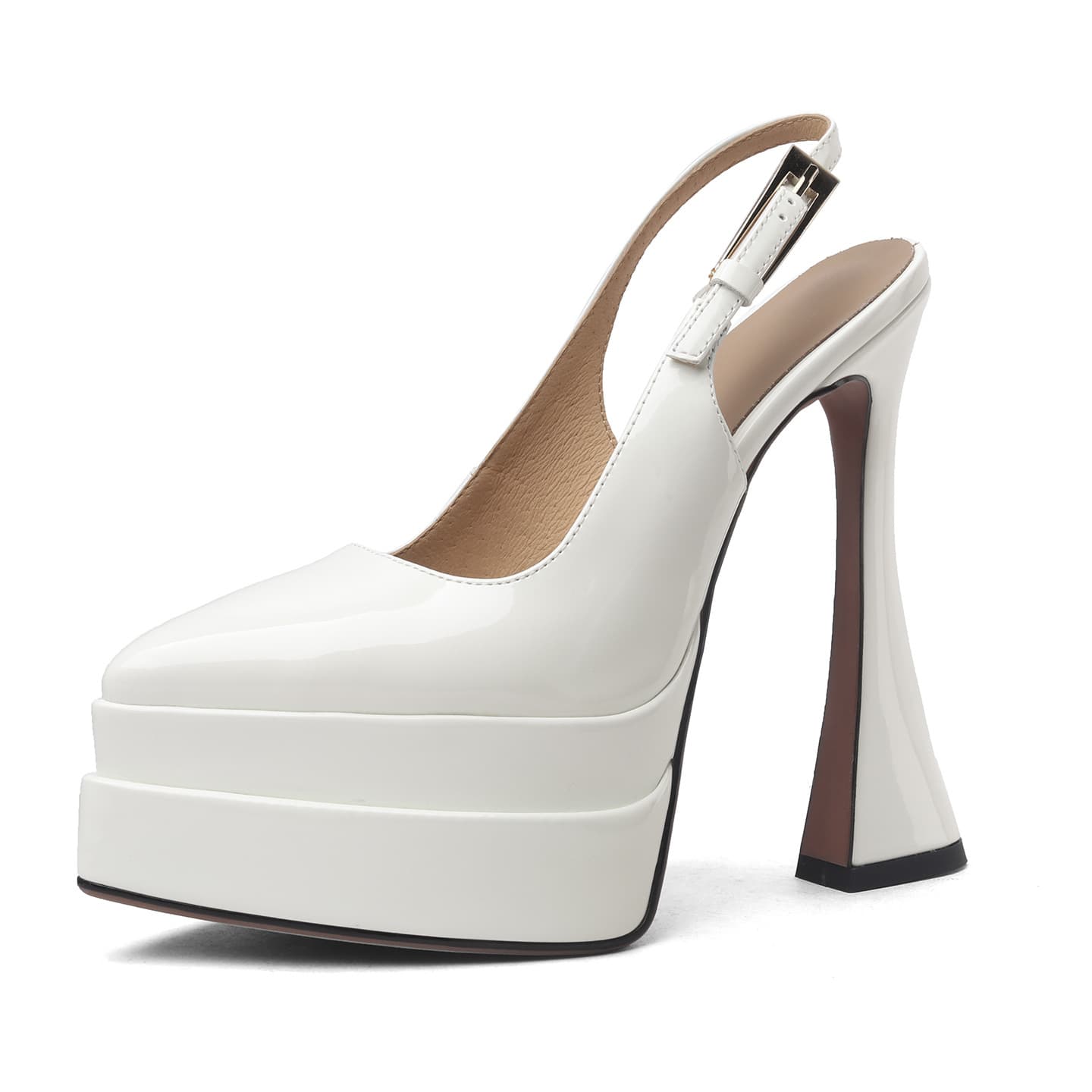European and American style cow patent leather thick-soled toe-toe sandals, pointed toe, shallow mouth, ultra-high heels, one-line buckle sandals, off-white wedding shoes