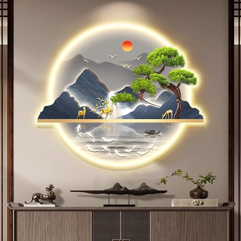 New Chinese Style Entryway Decorative Painting Flowing Water Brings Wealth Landscape Painting with Light Hallway Hanging Painting Welcoming Pine LED Mural