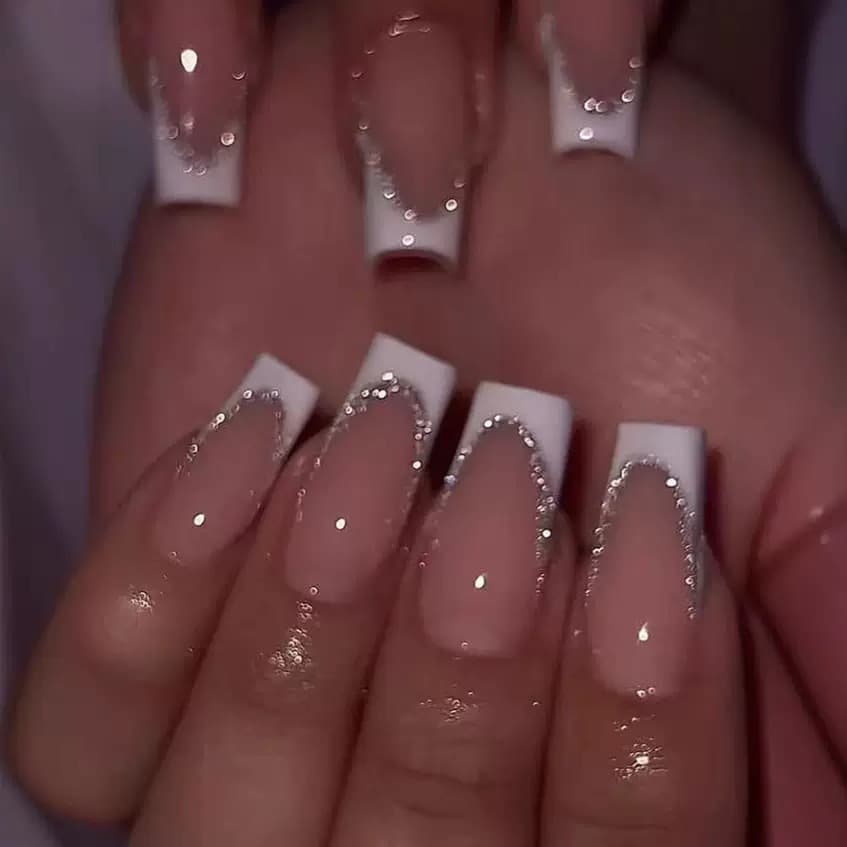 French Classic White Edge Solid Color Nail Art Silver Glitter Burst French Tip Premium Cross-border 24 Pieces Medium Size Whitening Press-On Nails