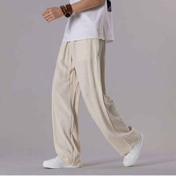 Men's Cotton Linen Wide Leg Pants Summer Thin Loose Casual Long Trousers Floor Length plus Size Straight Tube Pants