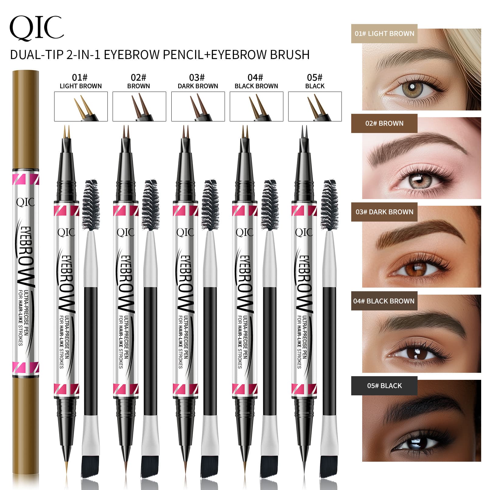 QIC Dual-Ended Eyebrow Pencil, Ultra-Fine Defined, Sweat-Proof, Long-Lasting, Smudge-Proof, Wild Brow, Liquid Water Eyebrow Pen, Cross-Border Makeup