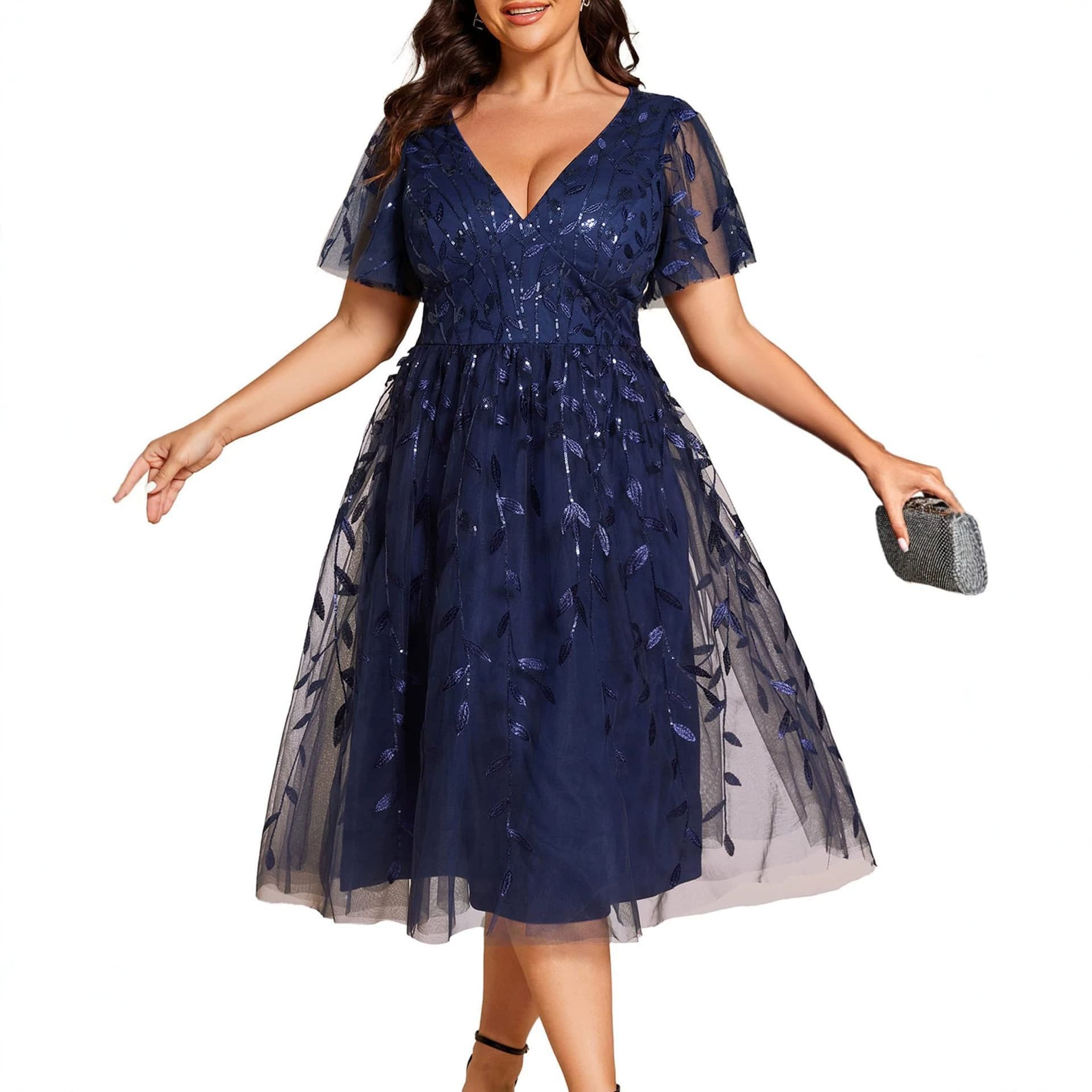 Plus Size Evening Dress Deep V Sequin Mesh Short Sleeve Leaf Embroidery Midi Length Banquet Party Dress for Women