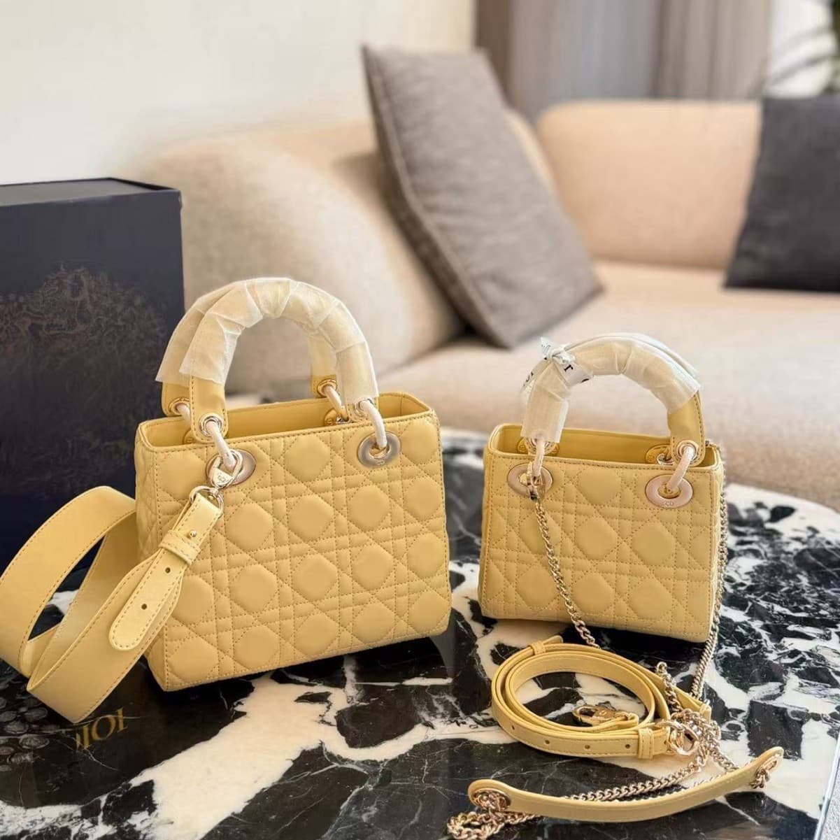 Cross-border New Diamond Quilted Lady Dior Style Bag with Bow Charm, Premium Versatile Trendy Handbag, Chick Yellow, Shoulder Bag for Women