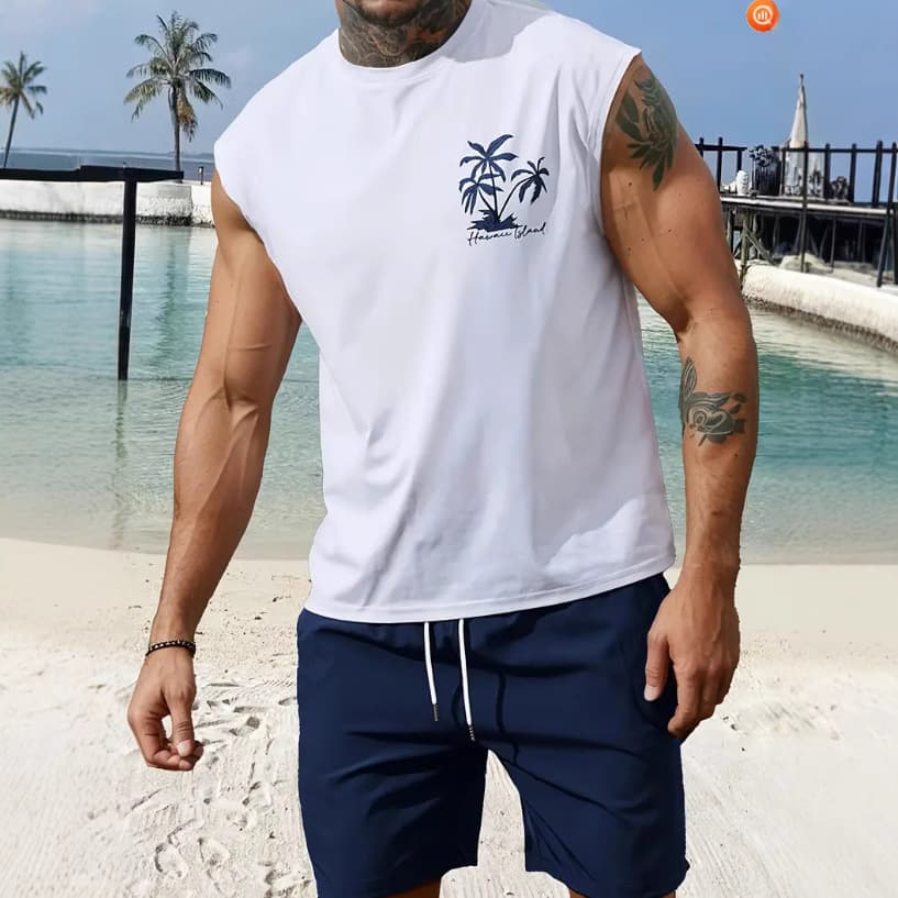 Printed Men's Muscle Training Tank Top and Shorts Sport Set for Spring and Summer