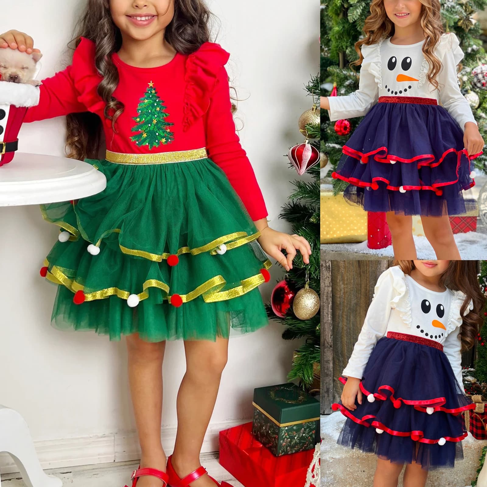 Amazon Christmas Girls Gauze Dress Sequins Christmas Tree Dress Long Sleeve Princess Dress SU3626