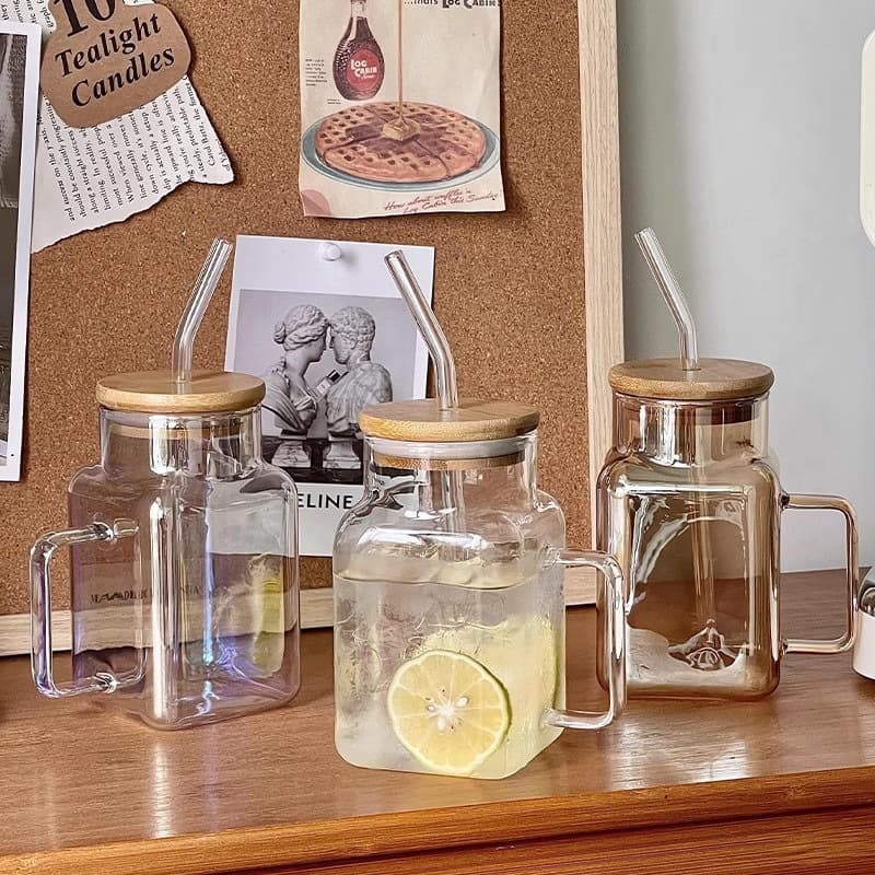 Square glass straw cup lemon juice cup large capacity glass cup with handle transparent high borosilicate glass cup with lid