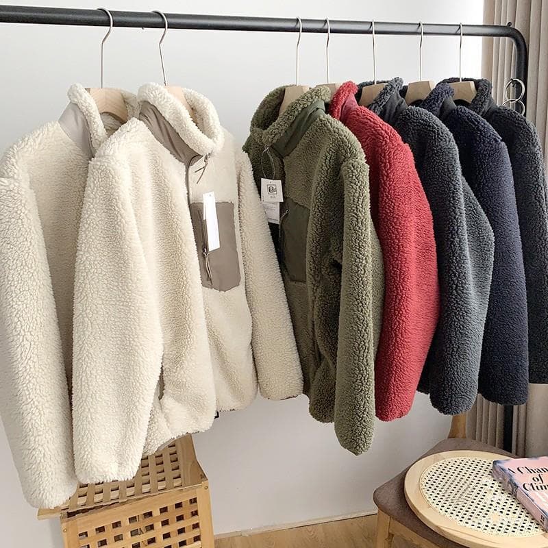 Fitting Room Japanese Style Couple Autumn Winter Loose Windproof Pocket Stand Collar Warm Lambswool Coat Women's S429188