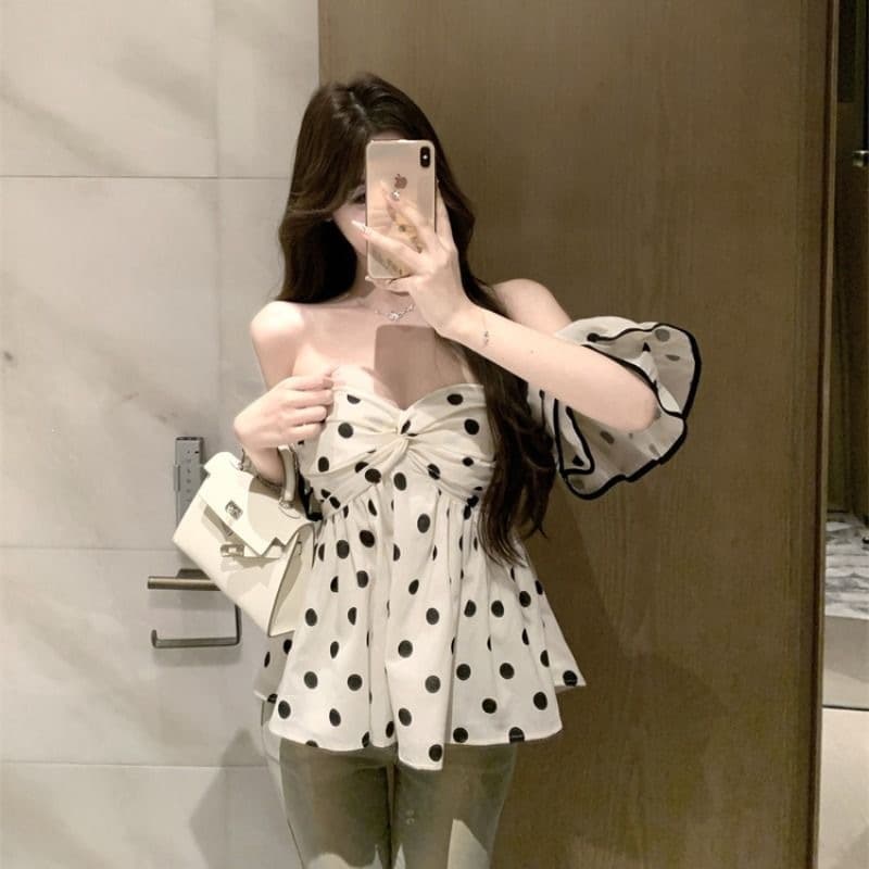 French Off-Shoulder Polka Dot Blouse for Women Summer New Design Ruffle Hem Elegant Short-Sleeve Top