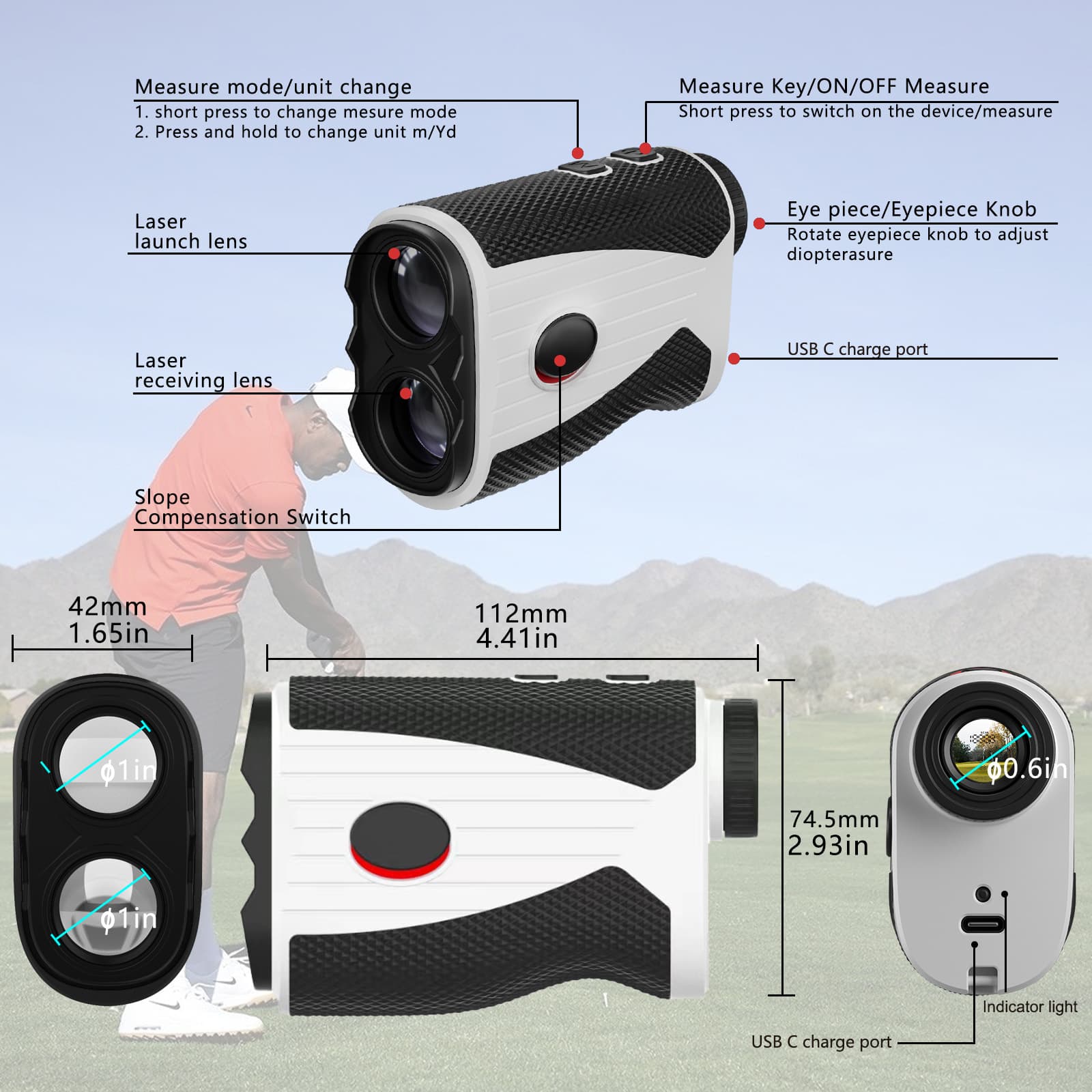 Golf Rangefinder Telescope 1000m Outdoor High-Precision Electronic Distance Meter Golf Rangefinder Measuring Device